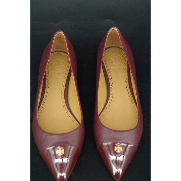 Tory Burch Burgundy Leather Fairford Pointy Toe Ballet Flats SZ 6 Logo $250 New - Picture 3 of 12